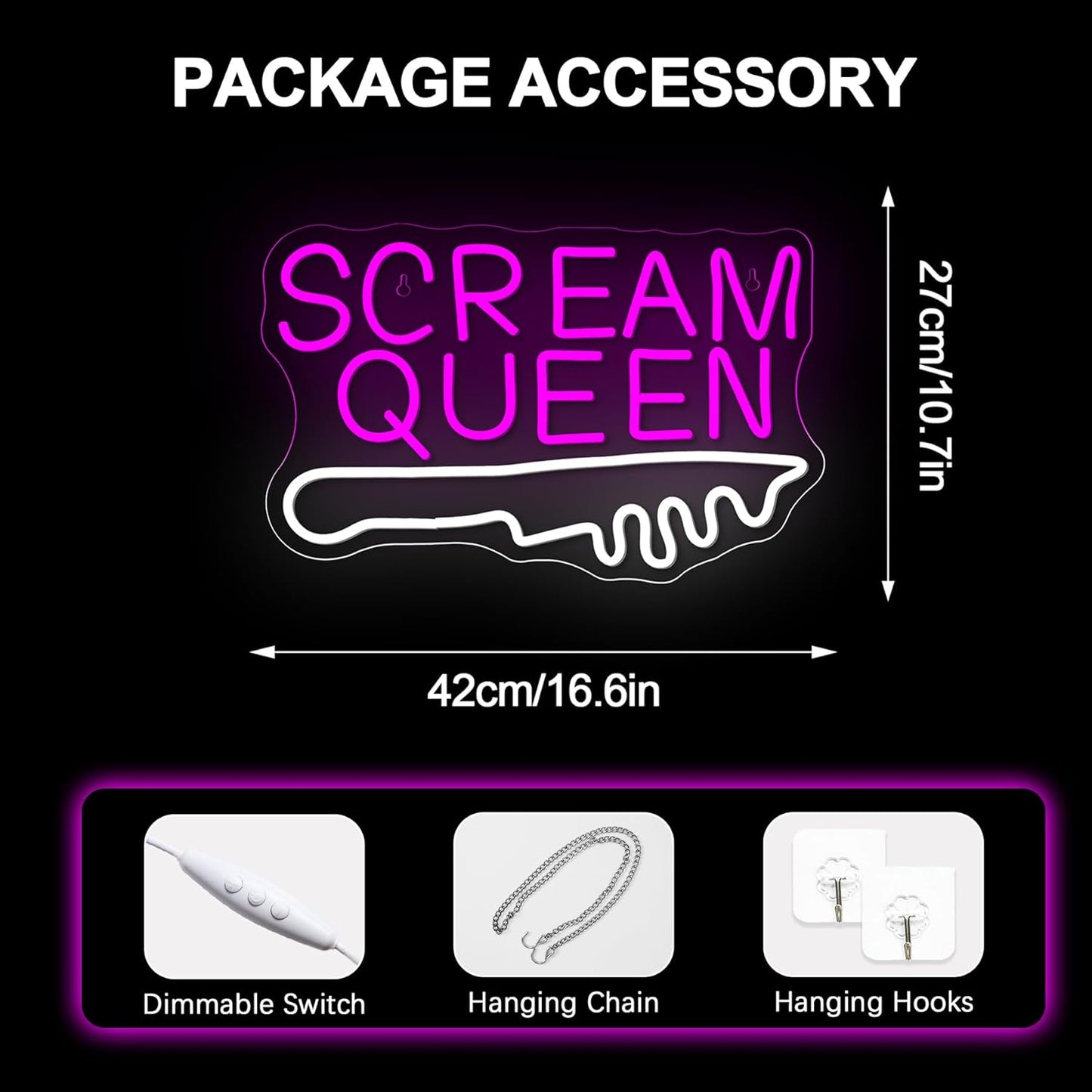 NOSUN Scream Queen Neon Sign for Wall Decor Dimmable Neon Knife Sign LED Light Sign for Teen Girl Boy Child Letter Pink Neon Sign Room Dorm Art Wall Decor