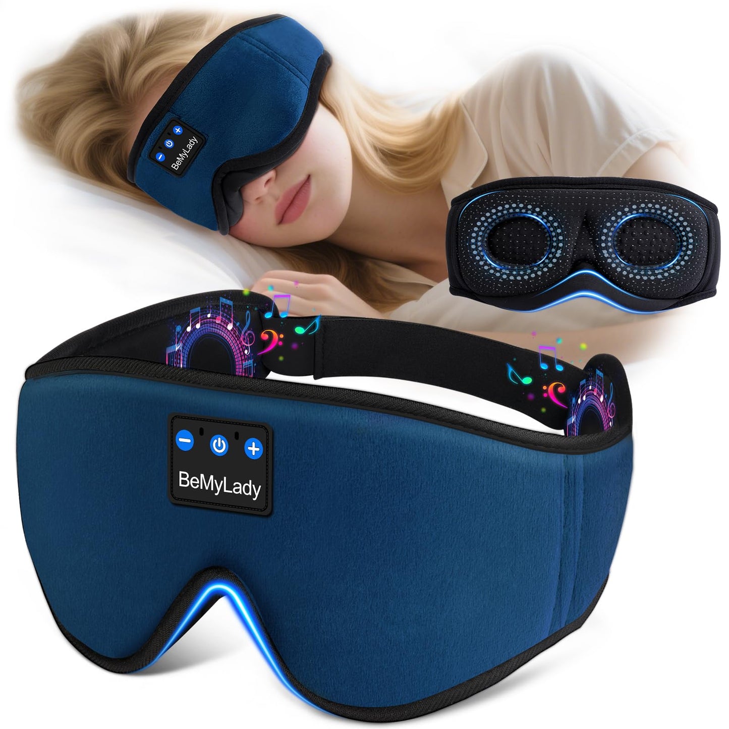BeMyLady Sleep mask Headphones,100% Blackout 3D Zero Eye Pressure Bluetooth Sleep mask Breathable Eye mask with Bluetooth Headphones Sleep Headphones for Side Sleepers, 14H Playtime&Bluetooth 5.4 Blue