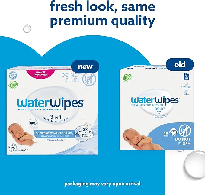 WaterWipes Sensitive+ Newborn & Baby Wipes, 3-In-1 Cleans, Cares, Protects, 99.9% Water, Unscented & Hypoallergenic, 1080 Count (18 Packs)