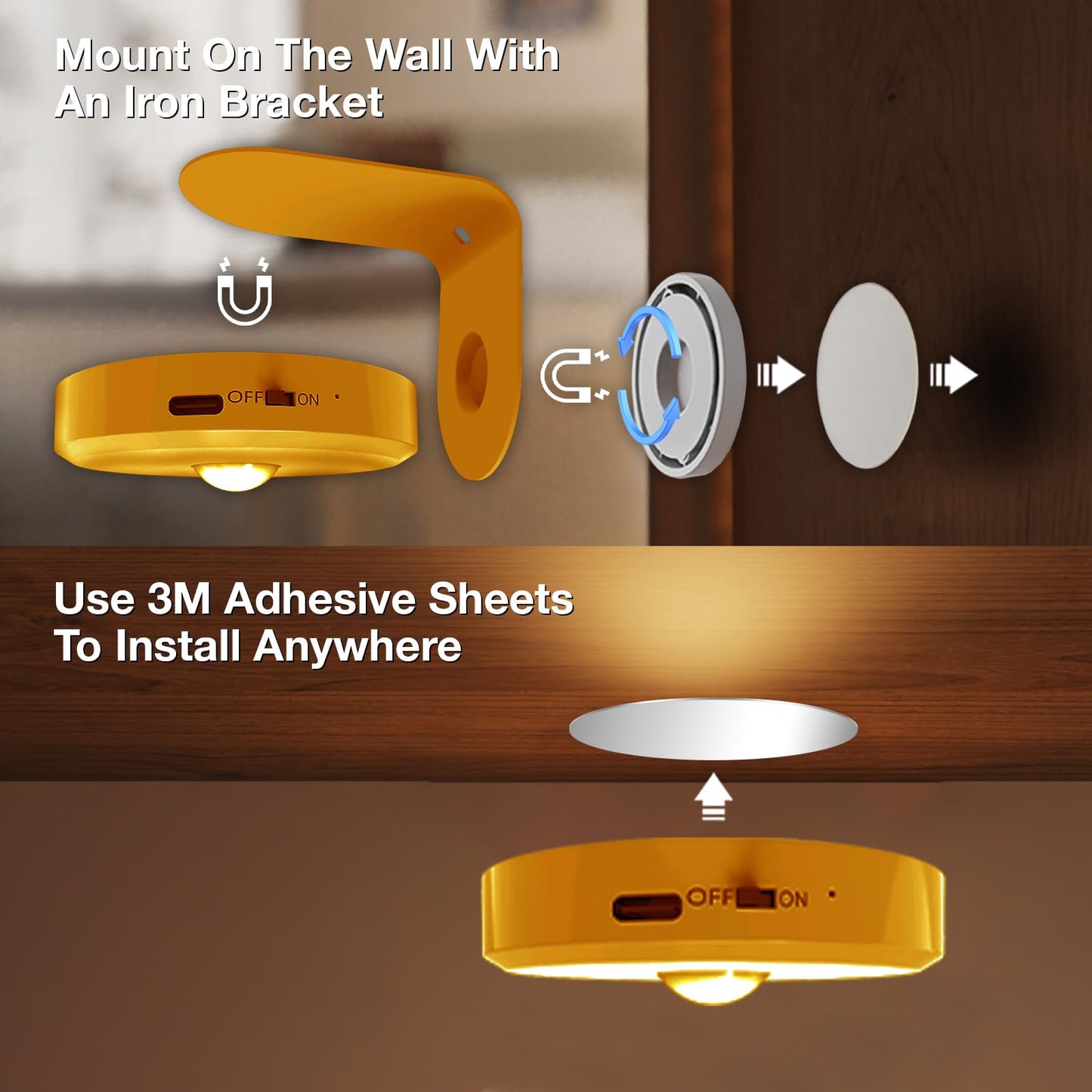 MEKKLEON Wireless Picture Lights - Dimmable Art Lighting, Rechargeable 2000mAh, Remote Control, Gold, 4 Pack, Model M3-G18