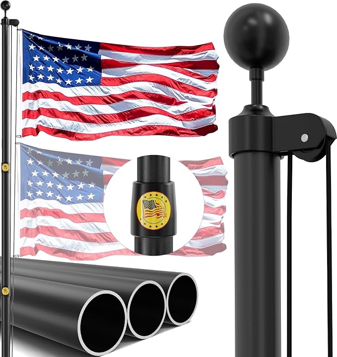 IIOPE 25FT Heavy Duty Flag Pole,14-Gauge Aluminum,Resist Strong Wind Reinforcement Ring Patent,Sectional Black Residential...