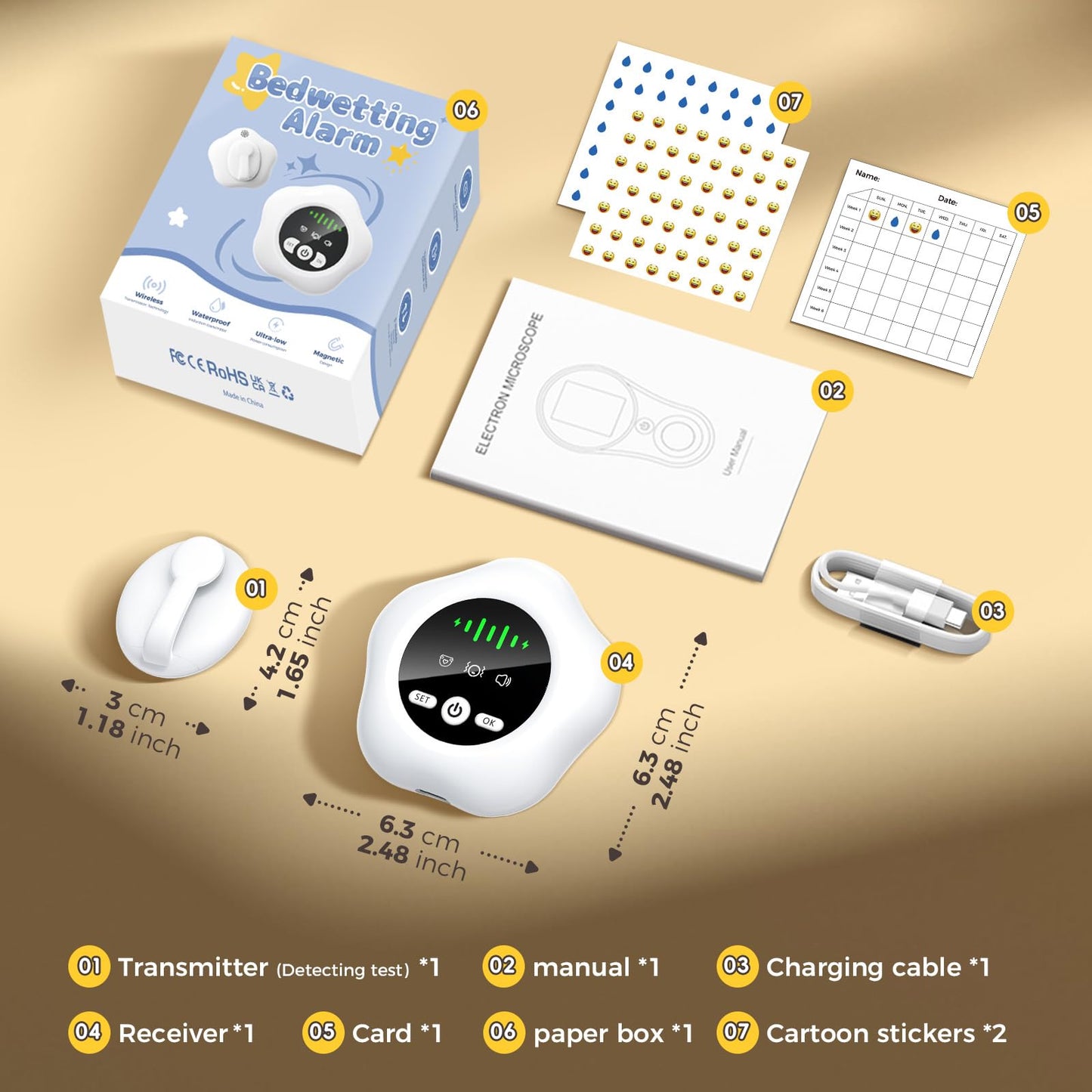 Bedwetting Enuresis Alarm Wireless for Boys and Girls,Compact & Comfortable Wireless Sensor Proven Solution for Bedwetters.Includes Progress Card and Stickers