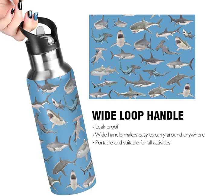 Stainless Steel Water Bottle with Straw Lid - 20 Oz Sports Insulated Water Bottle Thermos for Sport Gym Outdoor Travel School (shark hammerhead shark)