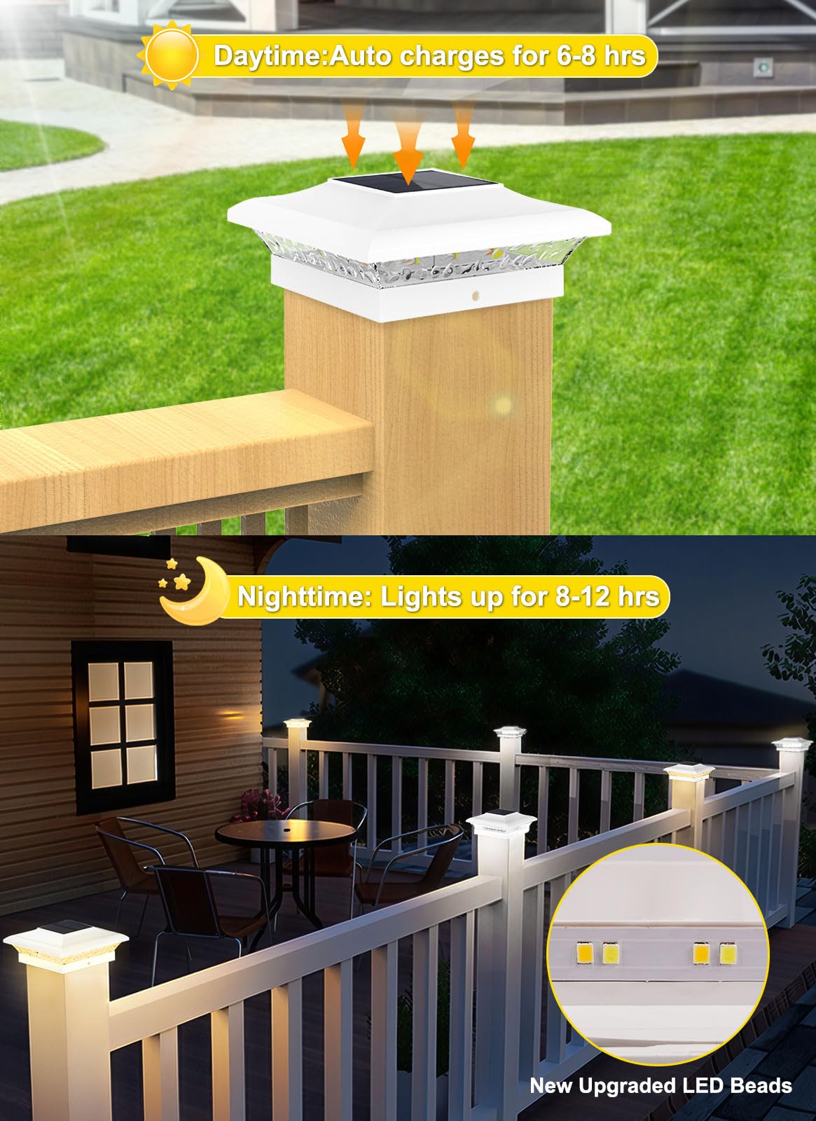 T-Sun 4X4 Post Cap Lights 6 Pack For Vinyl/Wooden Fence Outdoor Waterproof Warm & Cool White  Deck Solar Post Lights For Patio Garden Yard Lighting