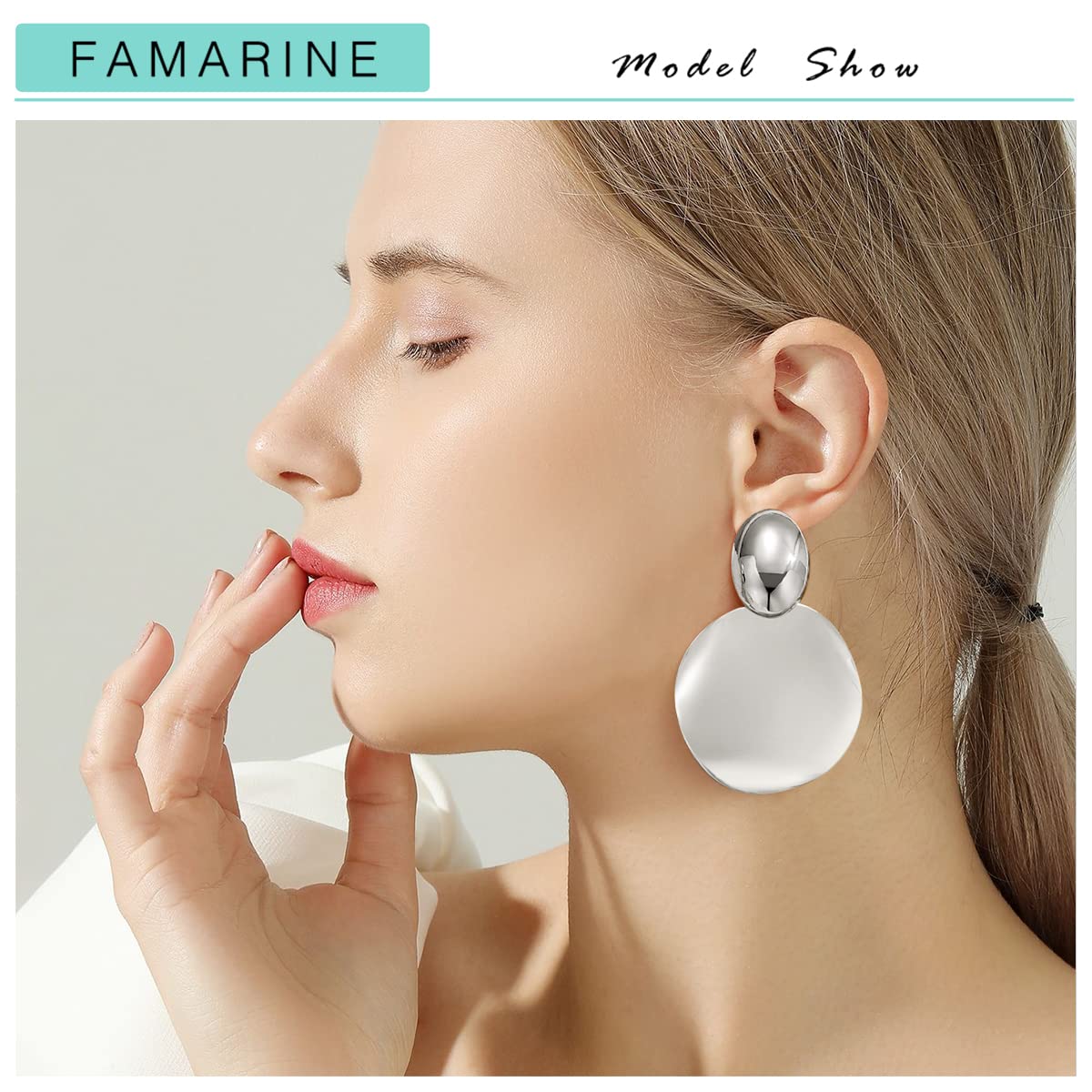 FAMARINE Silver Big Disc Statement Earrings Smooth Round Hammered Dangle Earrings for Women Earrings Fashion Jewelry