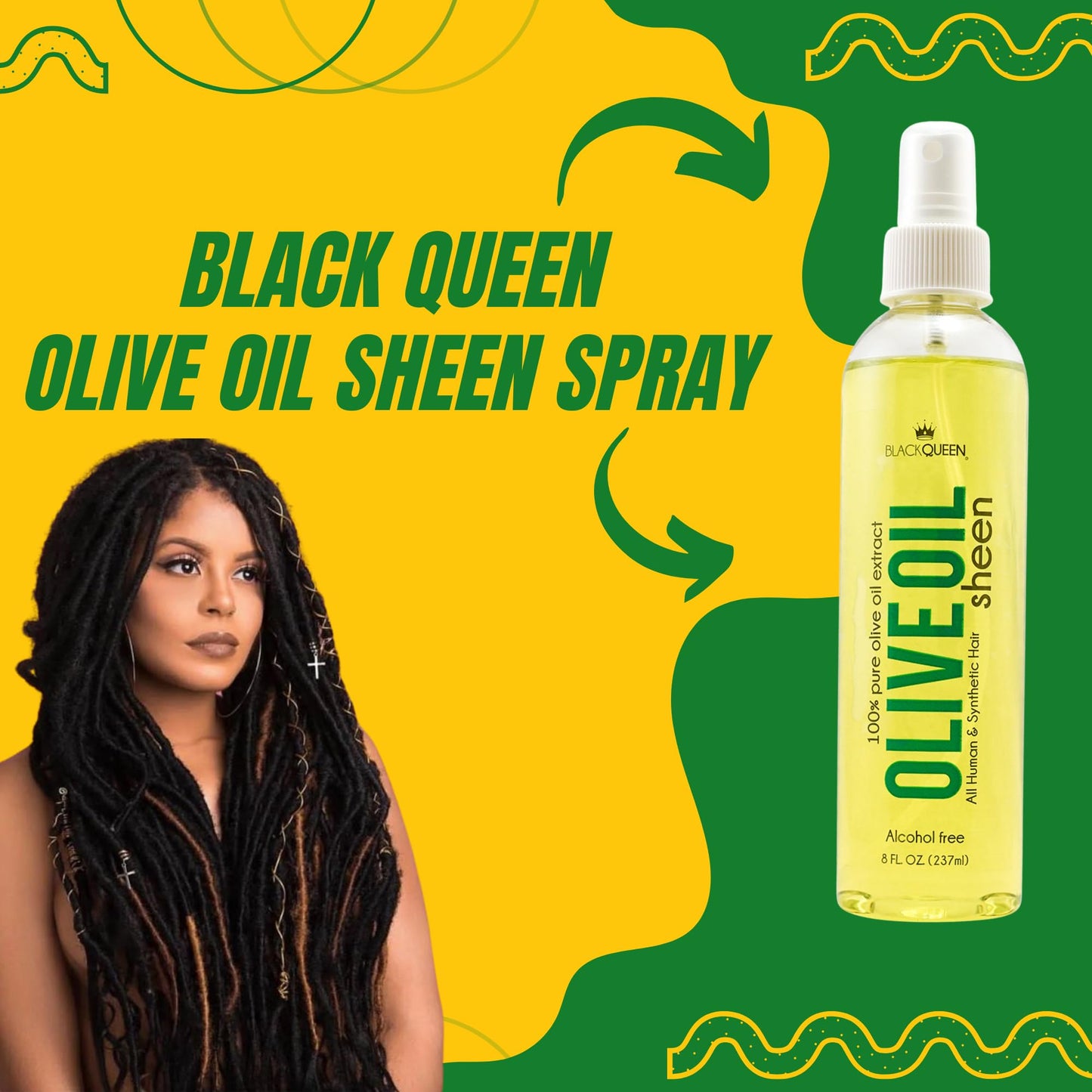 Black Queen Olive Oil Sheen Spray for Locs, Dreadlocks, Twists, Braids, Cornrows, 4C Hair - Moisturizing, Refreshing - 8 oz - Ma