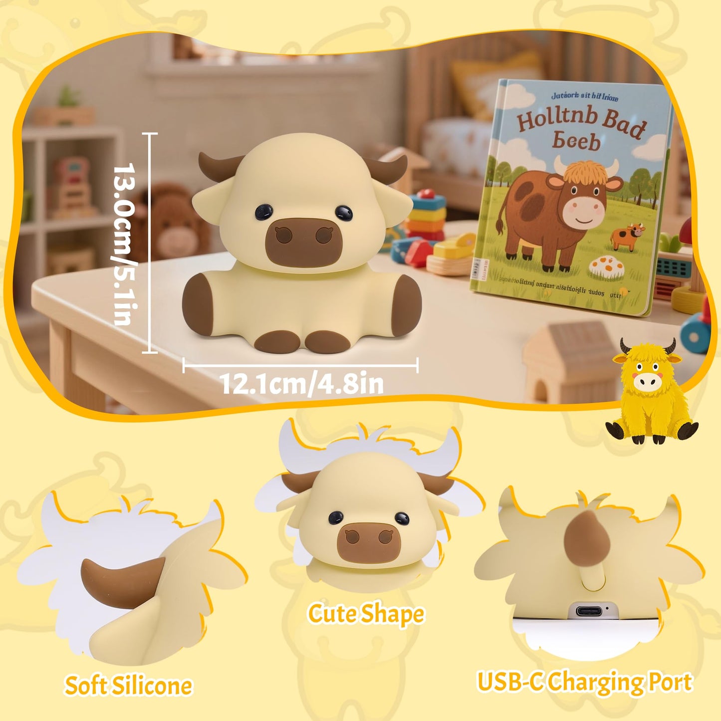 Okiyid Highland Cow Lamp  Dimmable Silicone Touch Night Light  Soft Glow Bedside Lamp For Bedroom Or Desk Decor  Highland Cow Gifts  Usb Powered With Gentle Illumination
