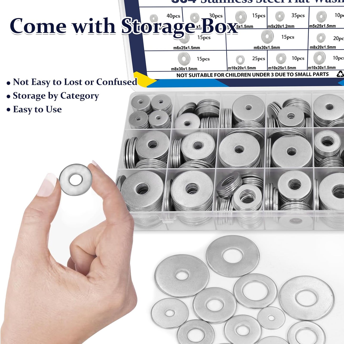 ZQZ 290Pcs Flat Washers, 304 Stainless Steel Fender Washers Assortment, 15 Different Sizes Wide Washer M3 M4 M5 M6 M8 M10 M12 Assorted Flatwashers Kit