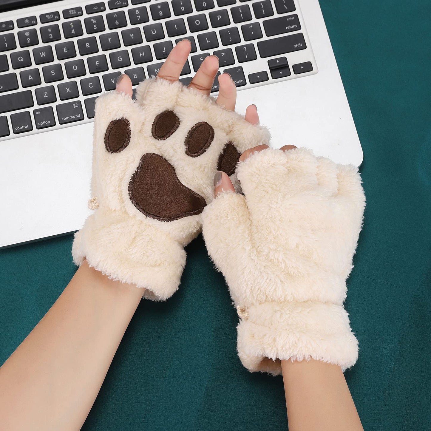 Lifenanny Cute Cat Paw Gloves, Winter Faux Fur Plush Soft Warm Half Finger Cosplay Gloves for Women Girls (Pink)