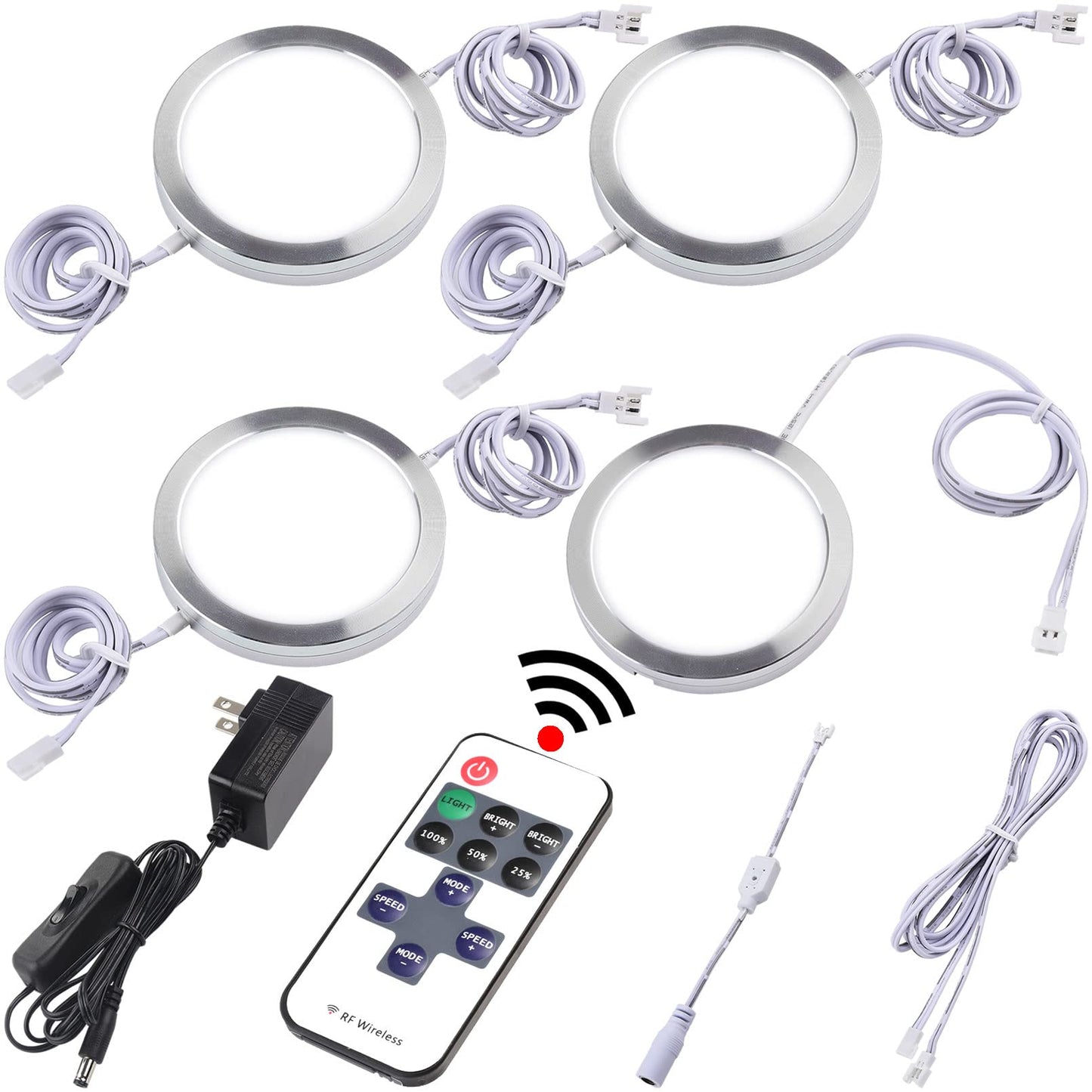 Lvyinyin LED Puck Lights Kit, 120V Wired, Dimmable, RF Remote, Daisy Chain, Daylight 6000K, 4 Lights