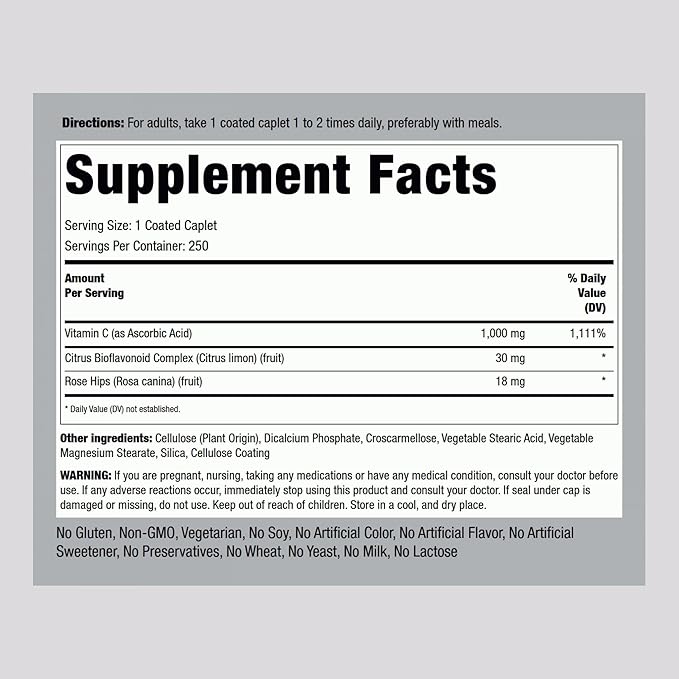 Piping Rock Vitamin C 1000mg | 250 Caplets | with Bioflavonoids & Rose HIPS | Vegetarian, Non-GMO, Gluten Free Supplement