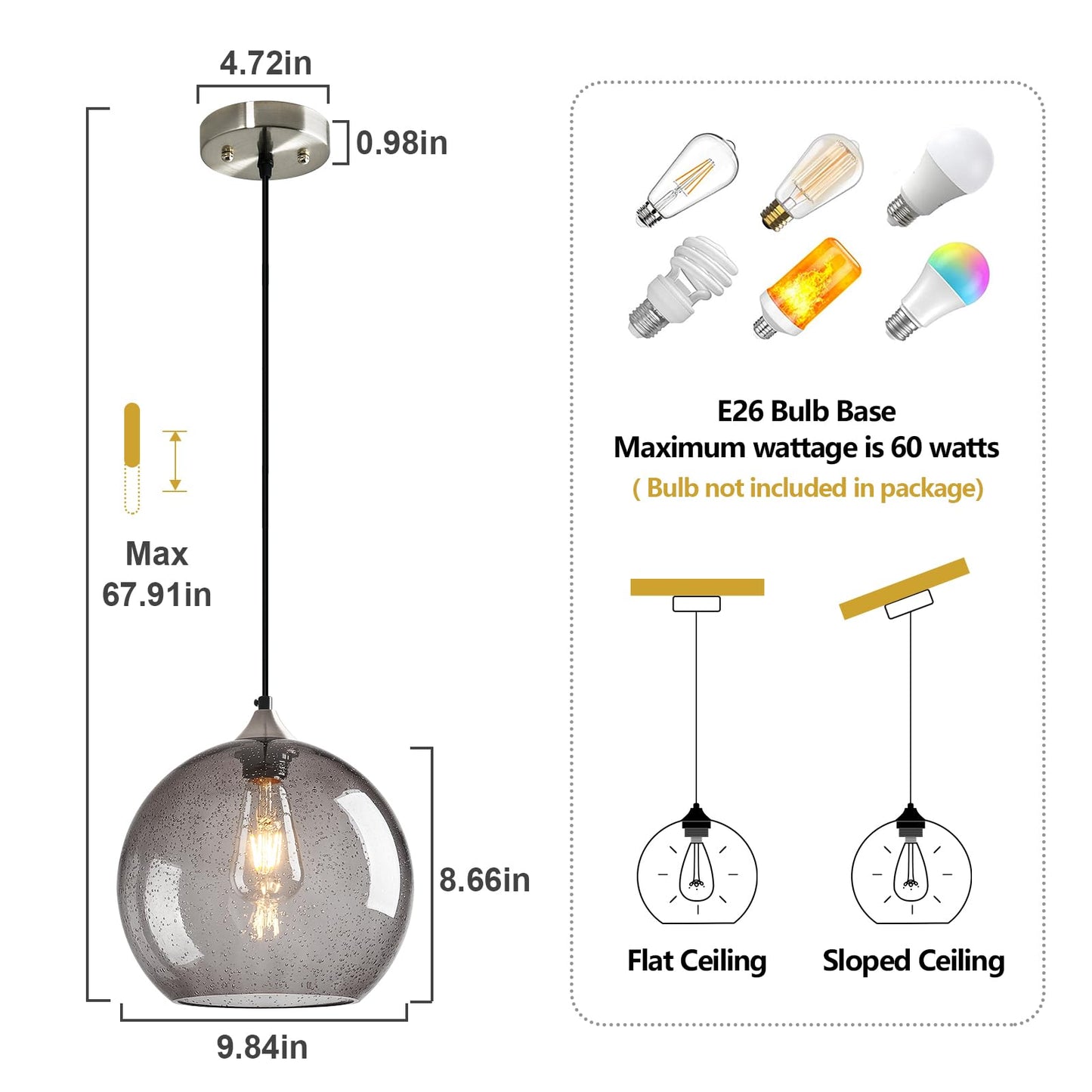 Lbsqj Light Grey Glass Pendant Lights Kitchen Island Globe Pendant Light Fixtures Modern Pendant Lighting For Bedroom Living Dining Room Light Fixture (9.84 In  2 Pack)