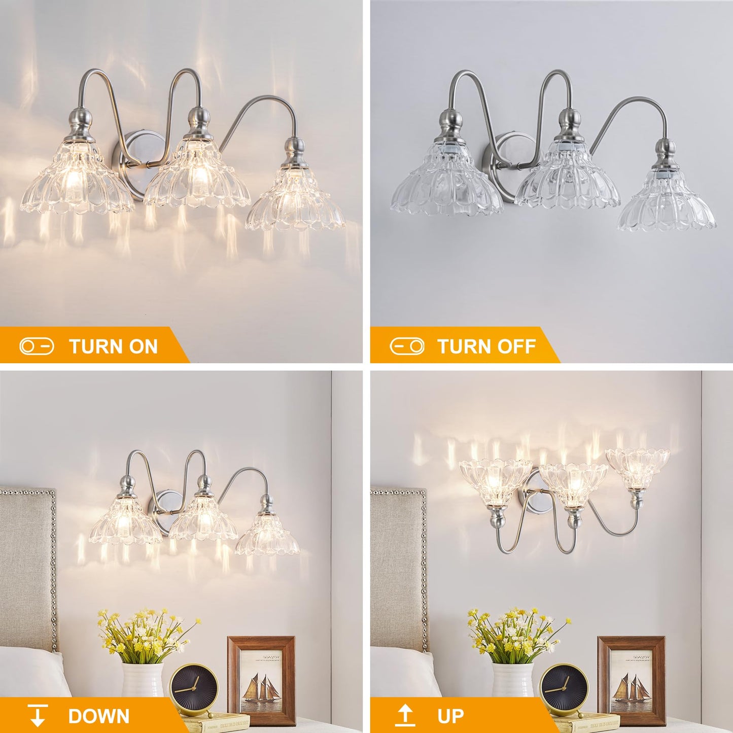 Brknit Vintage Bathroom Light Fixtures Over Mirror  3-Light Brushed Nickel Wall Sconce Lighting With Flower Glass Shade  Farmhouse Vanity Lights For Bedroom Kitchen Living Room Hallway Light