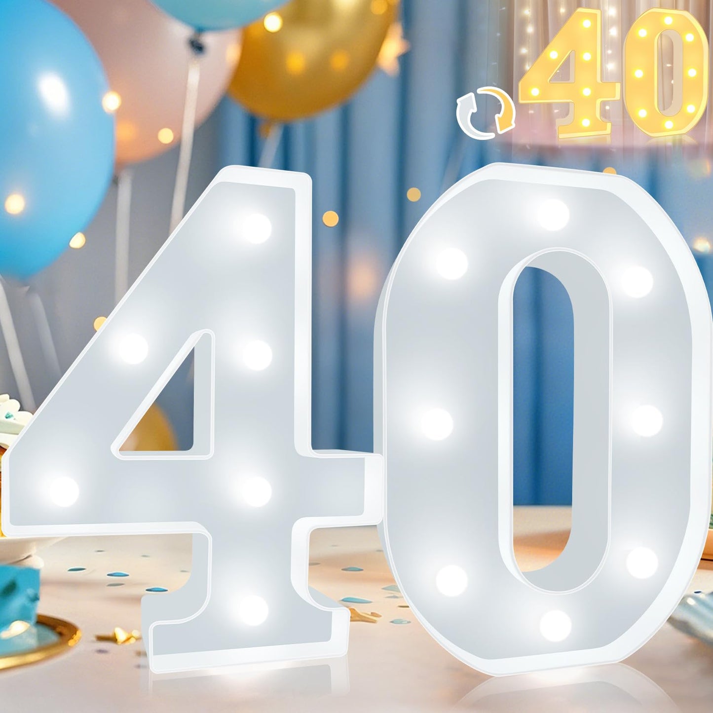Pooqla LED Light Up Number 40 Sign for 40th Birthday Decoration, Plastic, Cool White and Warm White, Model DENC-BP-01