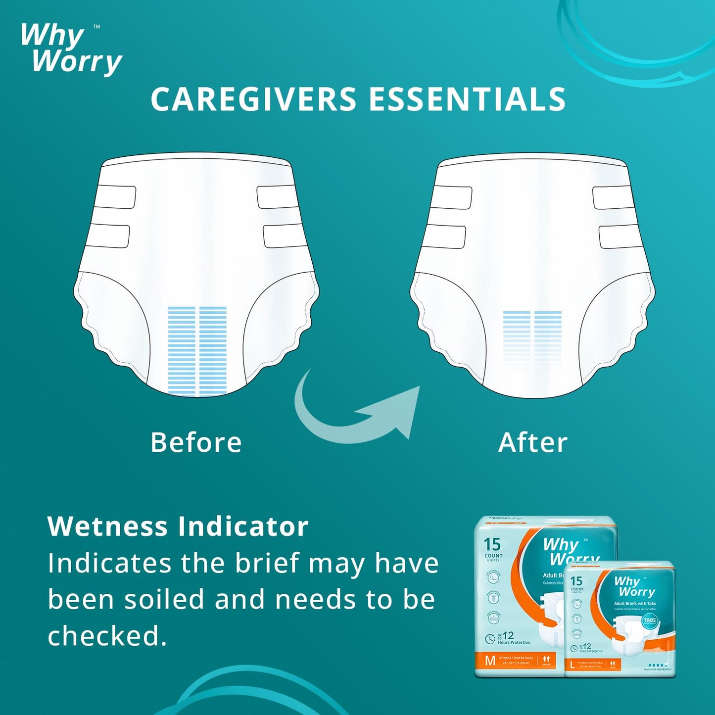 WhyWorry Adult Diapers with Tabs, Disposable Incontinence Briefs for Women & Men with Maximum Absorbency, Adult Briefs for Incontinence Overnight, Odor Control, Unisex, Medium, 15 Count