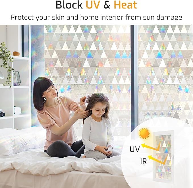 LUTE Window Privacy Film, Decorative Stained Glass Rainbow Window Clings, Sun Blocking Glass Covering, Renter-Friendly Static Cling Sticker Frosted Decals for Home Door Office, 23.6" x 118.1"