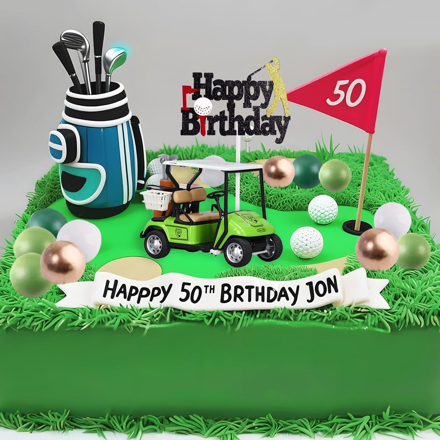 MEMOVAN Golf Cake Decorations Golf Birthday Cake Toppers Mini Golf Cart Toy Golf Theme Cake Decorations with Green Gold and White Ball Cake Topper for Golf Theme Party Supplies
