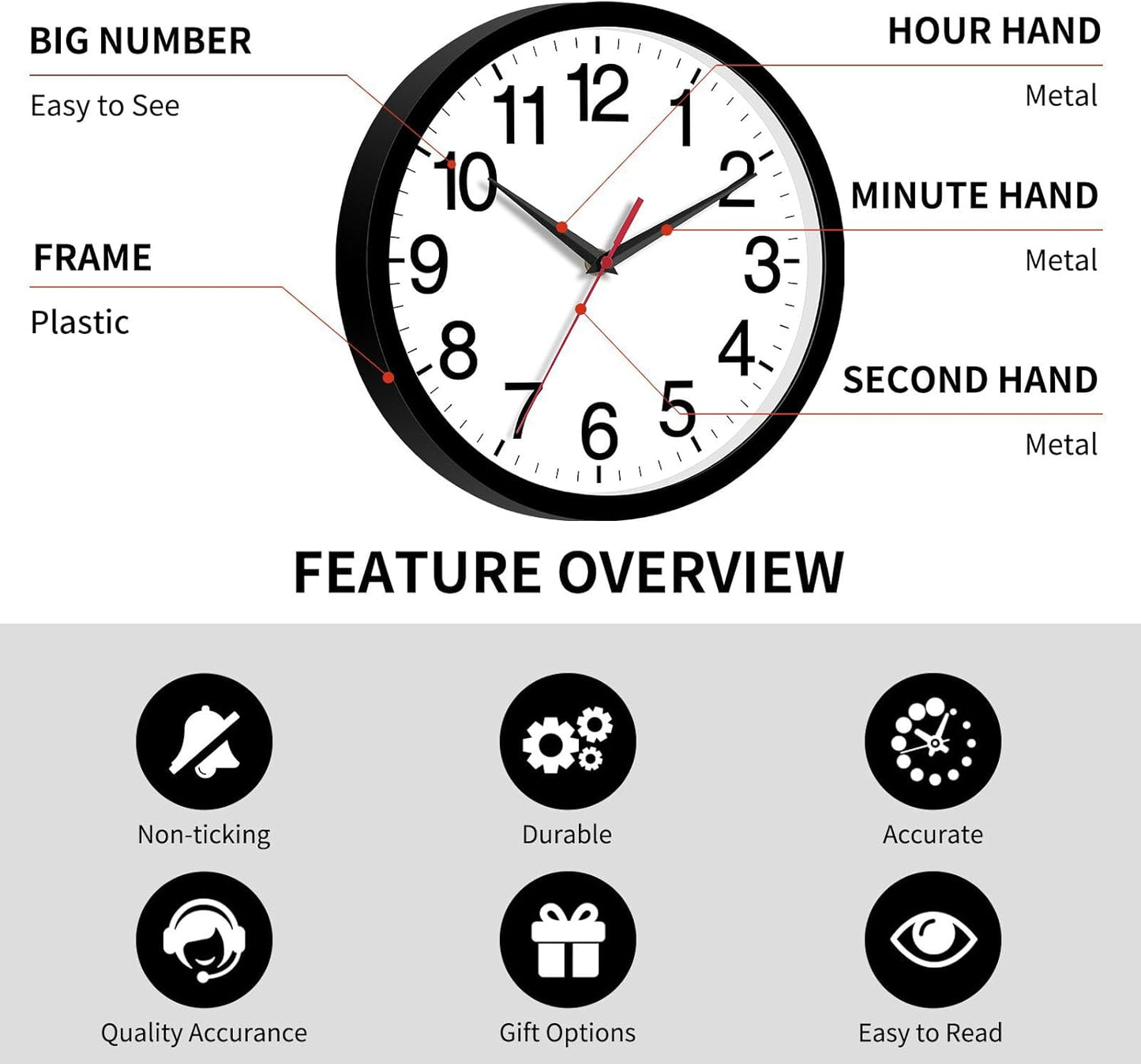 Wall Clock Modern 8 Inch Battery Operated Silent Non Ticking Small Analog Clock for Living Room Office Home Bedroom Kitchen Bathroom(Black)