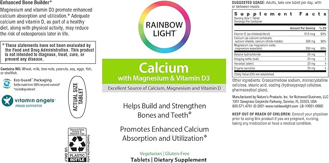 Rainbow Light Calcium With Magnesium and Vitamin D3 Tablets, Dietary Supplement Provides Bone Health and Teeth Support, With Calcium, Magnesium and Vitamin D, Vegetarian and Gluten Free, 180 Count