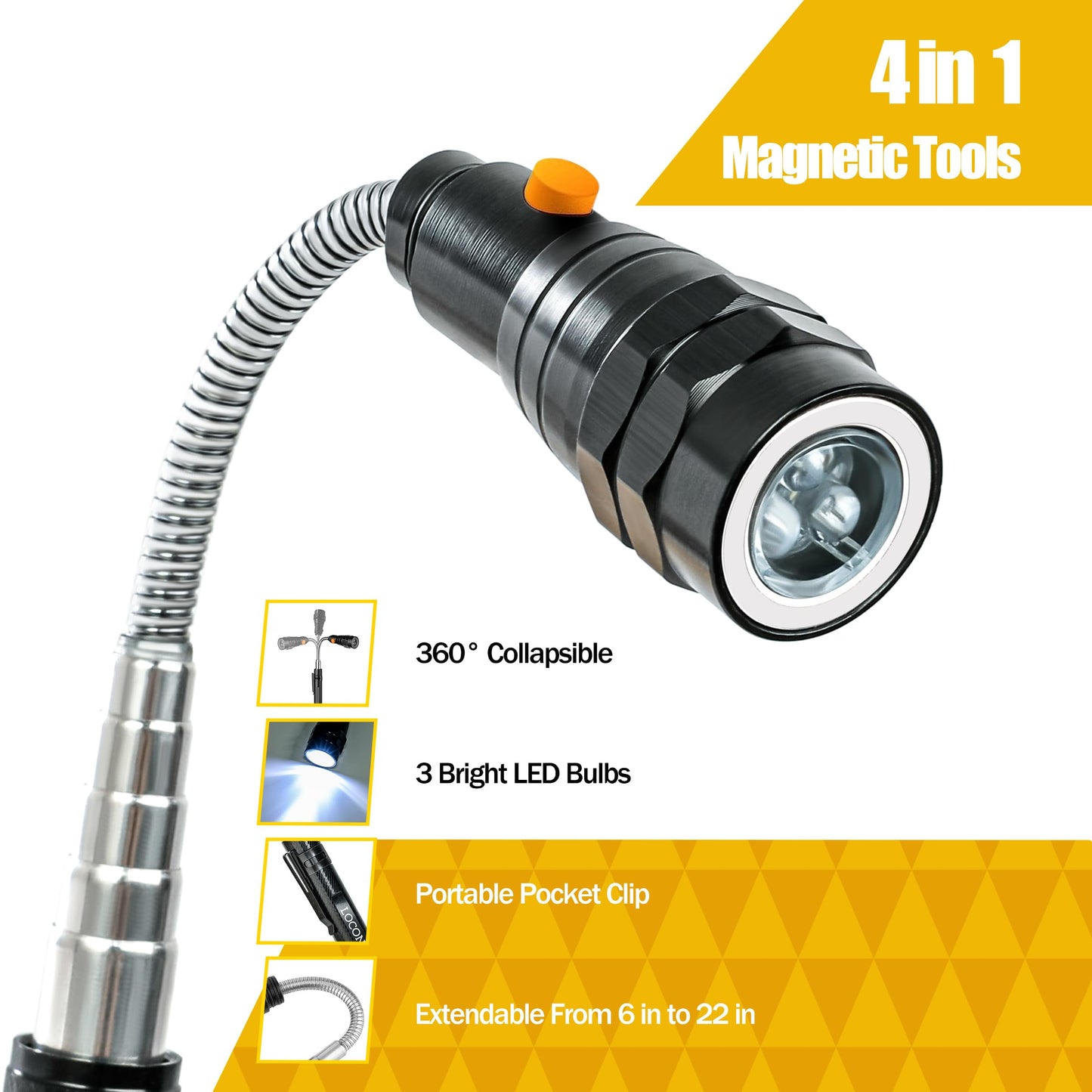 LOCONHA Magnetic Pickup Tool with LED Lights, Telescoping, Aluminum, 1 PACK, Black, Model CXD