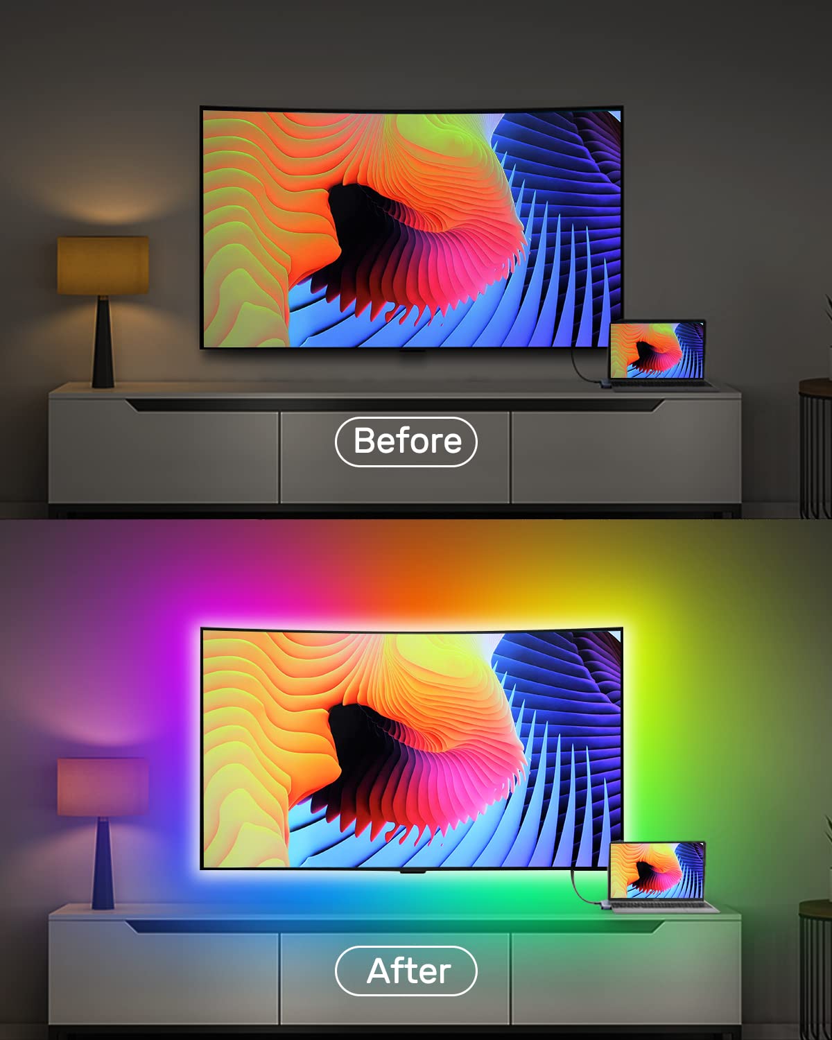 Daymeet LED TV Backlight Strip, 9.8 FT, RGB Multicoloured, USB Powered, Music Sync, Bluetooth APP Control for 32-60 inch TVs