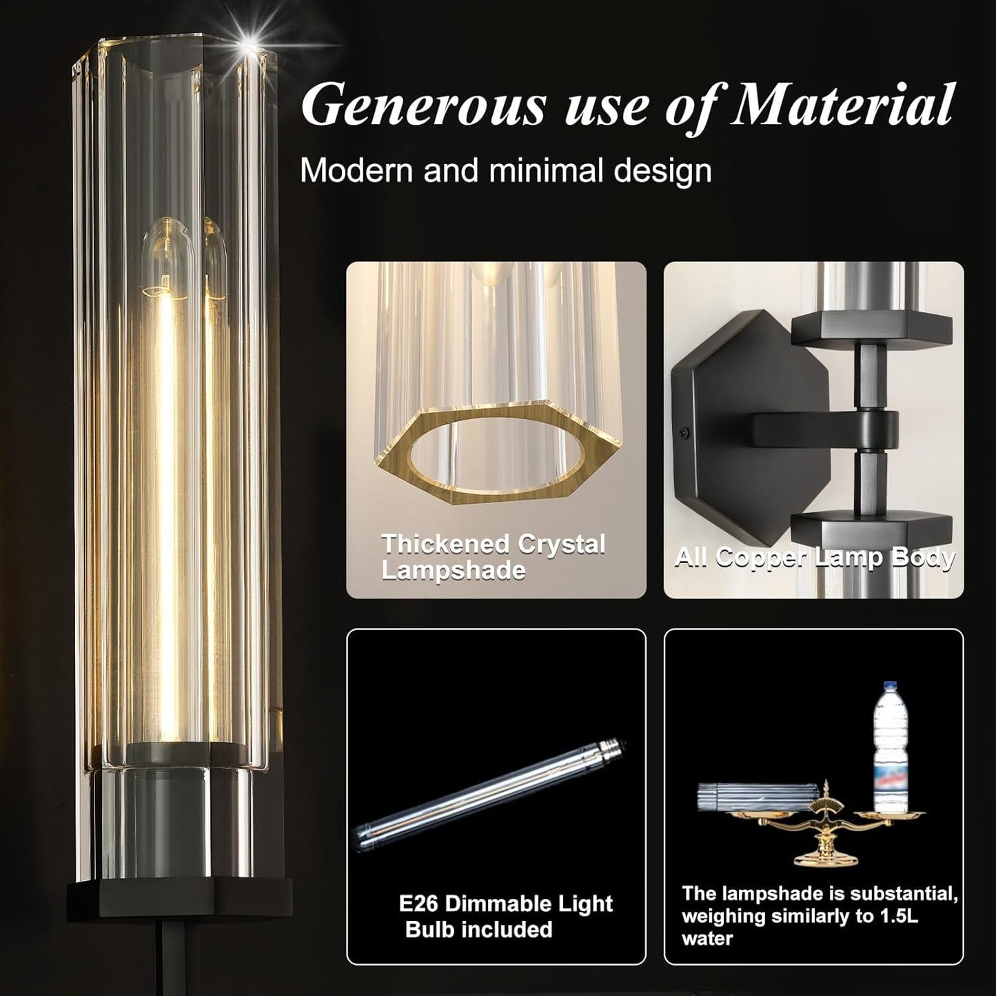 Black Crystal Wall Sconces Light For Bathroom Modern Bathroom Vanity Lights Fixture 28.5In Indoor Wall Sconce Linear Crystal Sconces Wall Lighting For Bedroom Hallway Staircase Living Room Dining Room