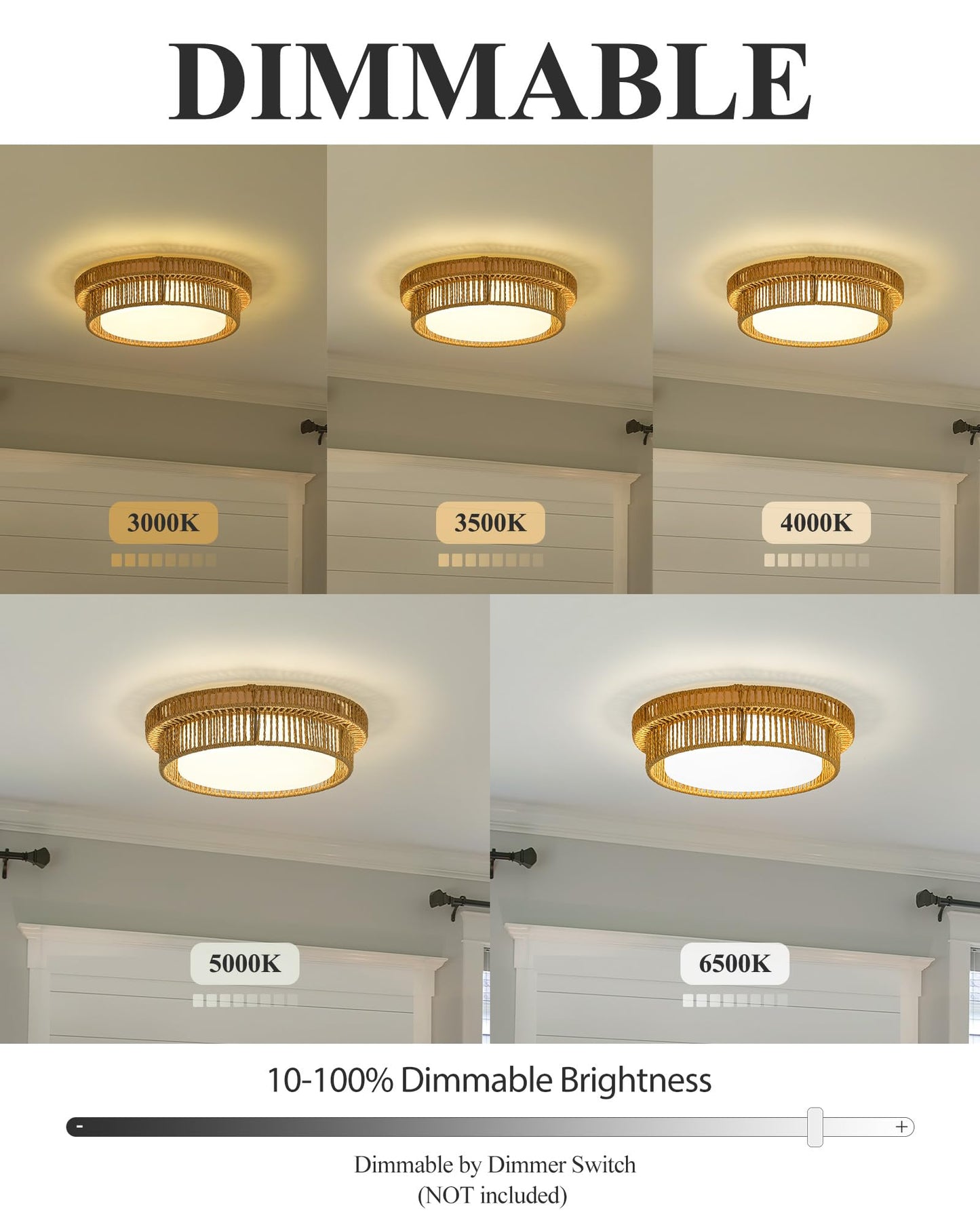 HWH INVESTMENT Boho Ceiling Light Fixture, 18in  Rattan, Remote Control, 36W LED, Beige, Model 5HYS78LF-LED