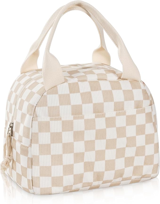 Lunch Bag for Women Checkered Insulated Lunch Box Reusable Cooler Bag Portable Cute Corduroy Leakproof Tote Bags for Travel, Work, and Picnic