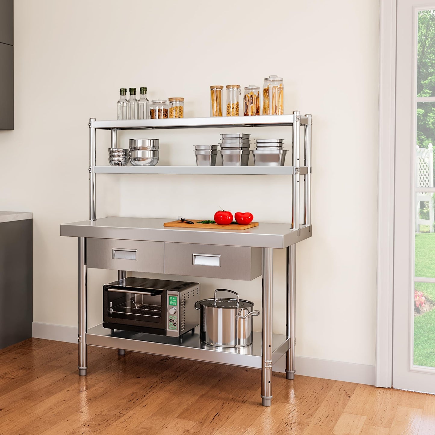 YITAHOME 48" × 24" Stainless Steel Table with Overshelves and 2 Drawers, NSF Worktable with 48" X 12" Shelf & 2 Drawers, Metal Prep Workstation for Home Kitchen Restaurant Garage Warehouse