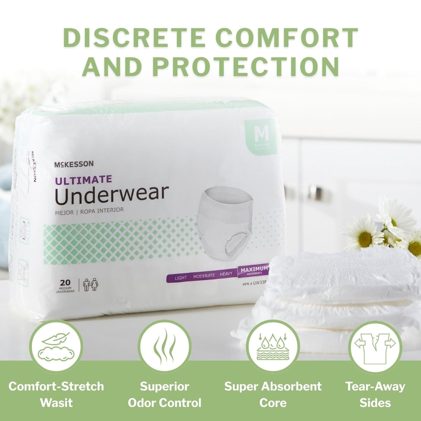 McKesson Ultimate Adult Incontinence Underwear, [80 Count], Medium, 32-44 in. Maximum Absorbency, Unisex Bladder Leak Protection, Pull-On Style with Tear-Away Sides, for Postpartum and Incontinence