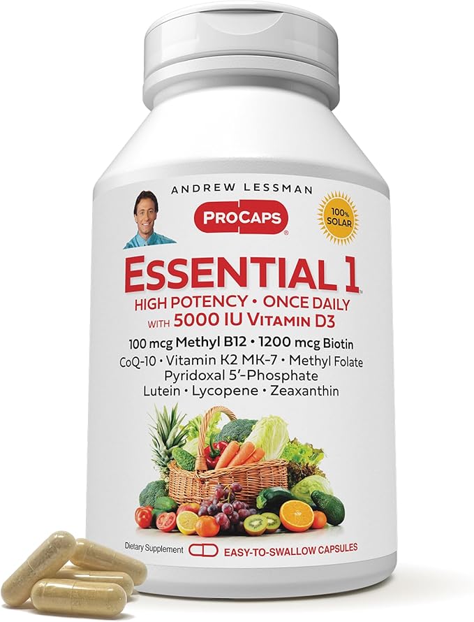 ANDREW LESSMAN Essential-1 Multivitamin 5000 IU Vitamin D3 30 Small Capsules - 100 mcg Methyl B12. CoQ10 Lutein Lycopene Zeaxanthin. High Potency. No Additives. Ultra-Mild. One Daily Capsule