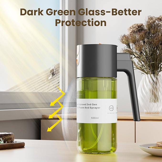 Upgrade 2 in 1 Oil Sprayer for Cooking, Olive Oil Dispenser Bottle for Kitchen Gadgets with Stickers, 17oz/500ml Food Grade Light-Blocking Glass Spray Bottle for Salad, Air Fryer, BBQ