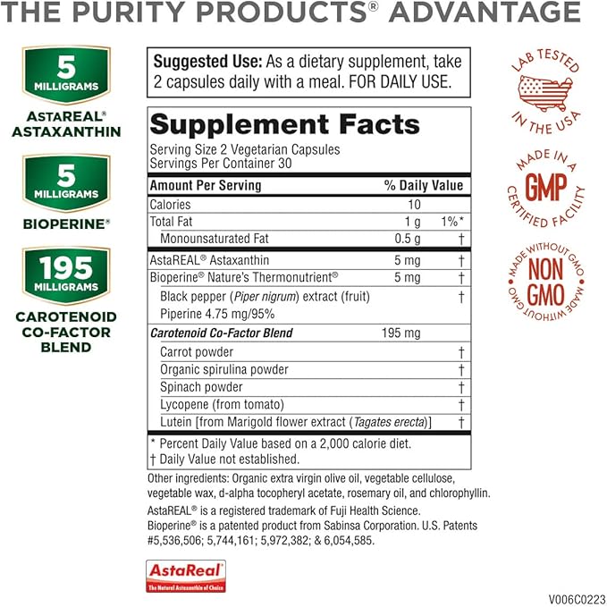 Purity Products AstaFX Plus - Astaxanthin Super Formula - 30 Day Supply from Supports Endurance - Promotes Healthy Skin - Supports Visual Health - Up to 6,000 Times More Powerful Than Vitamin C