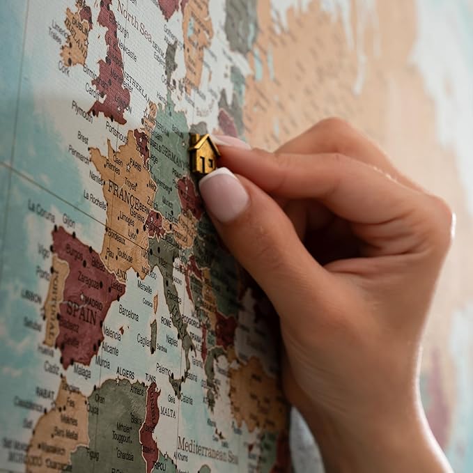Canvas World Map with Cork Pin Board - English Lettering - Decorative Wall Decoration for All Rooms - Canvas Pictures with World Map Motif (120x80 cm, Pattern 11)