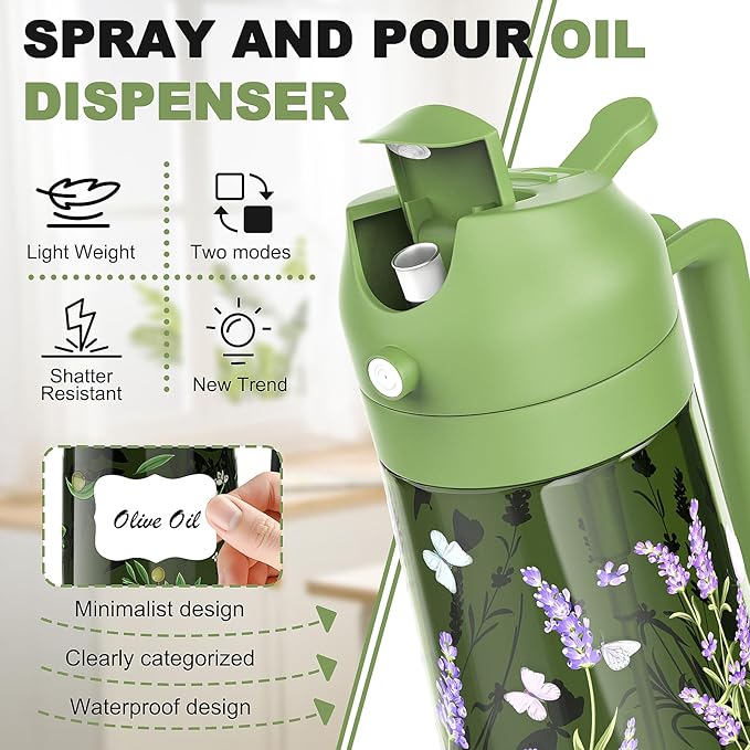 COOLMI Oil Sprayer for Cooking, 2 in 1 Olive Oil Dispenser Bottle Set for Kitchen, Food-Grade Glass Green Oil Vinegar Bottle Container - 16OZ/470ML Set of 2 (Black + Green)