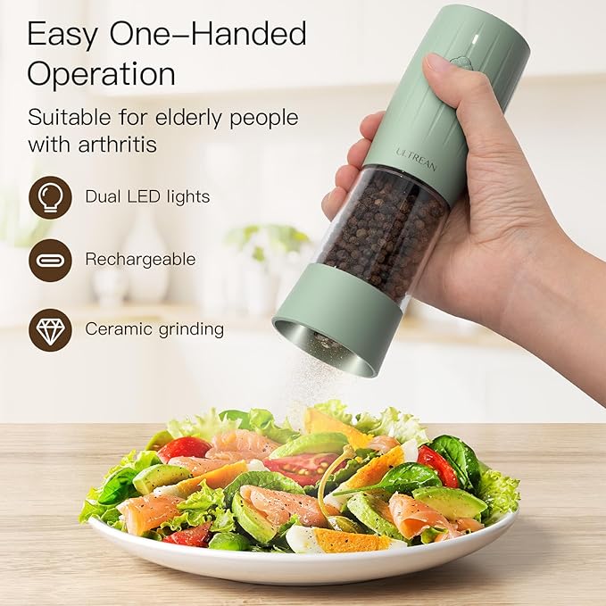 Ultrean Salt and Pepper Grinder Set, Rechargeable Automatic Pepper Mill Shakers, 6 Adjustable Coarseness, LED Light, Kitchen Gadget, Christmas Gifts, Black & White
