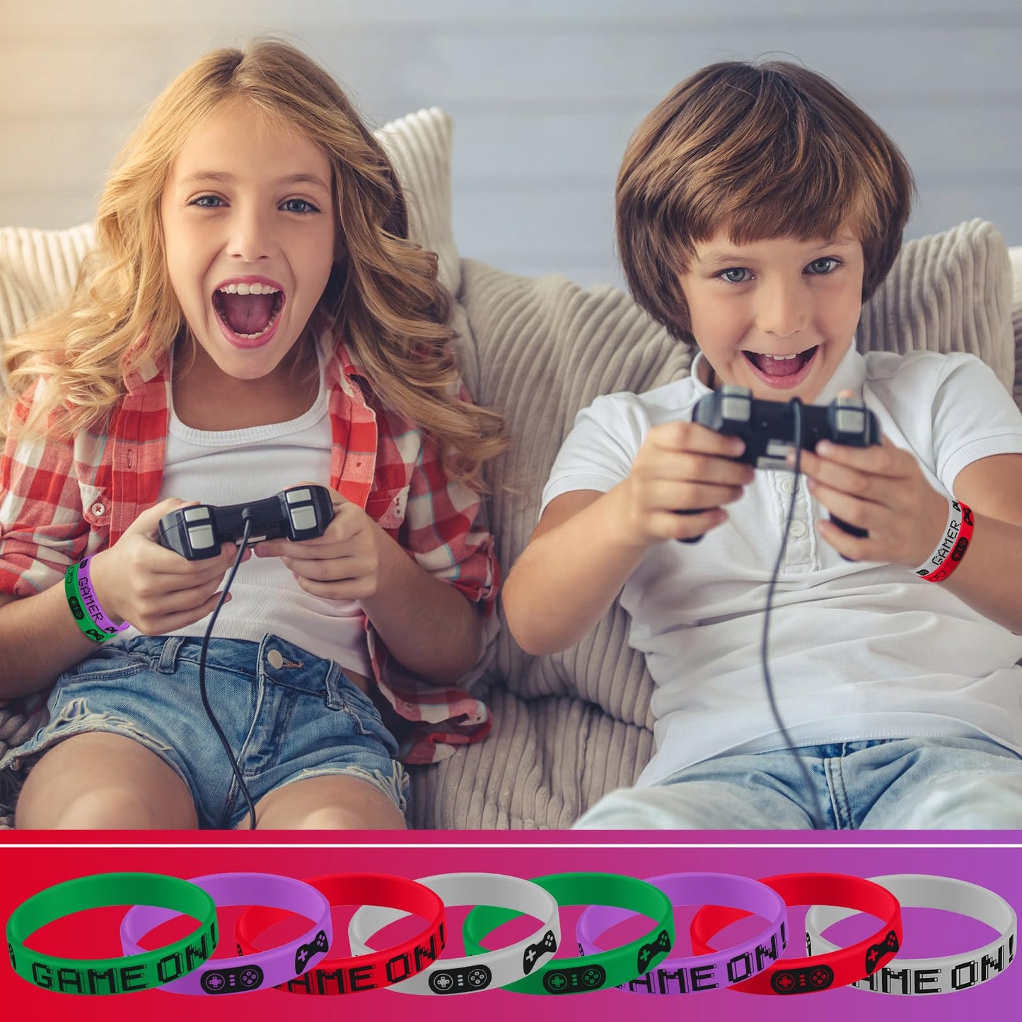 JOVITEC 48pcs Gaming Party Favors Bands, Video Game Bracelet Rubber,video Party Wristbands Supplies (Red, Green, Purple, Grey)