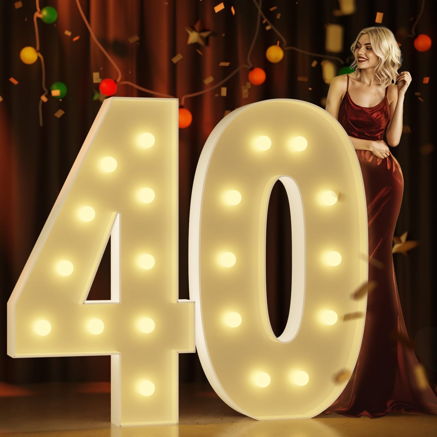 Marquee Numbers 4 Feet Tall Large Light Up Numbers 40Th Birthday Decorations Women Men Big Yellow Light Outdoor Anniversary Decorations Balloon Arch Kit Party Backdrop 40