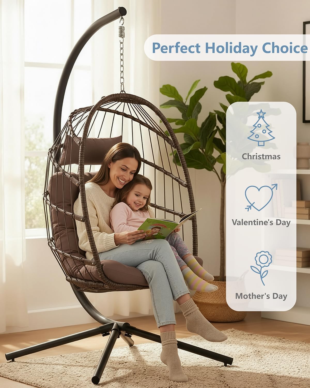 SWITTE Egg Chair Outdoor with Stand, Indoor Wicker Hanging Egg Swing Chair with Cushion, 350lbs Capacity for Patio, Bedroom, Garden - Brown