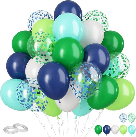 60Pcs Blue and Green Balloons, 12 Inch Navy Blue Fruit Green Confetti Balloons Teal Blue White Latex Balloon for Kids Birt...