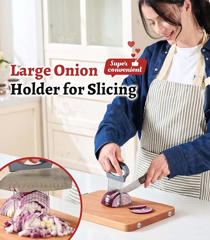 Onion Holder for Slicing, Large Stainless Steel Onion Slicer Holder - Multi-Purpose Vegetable Chopper Tomato Slicer, Food Cutter Assistant Tool for Potato, Avocado, Egg, Lemon, Fruit & Meat Tenderizer
