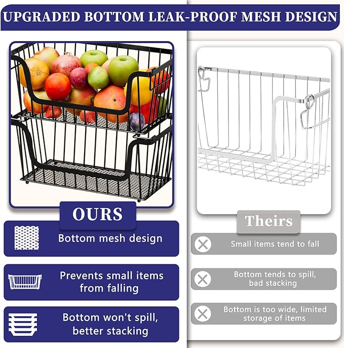 6 Pack Enhanced Leak-Proof Bottom Stackable Wire Baskets, Pantry Organizers and Storage, pantry storage，Shelf Baskets, Fruit Basket, Potato and Onion Storage Bins，(Black)