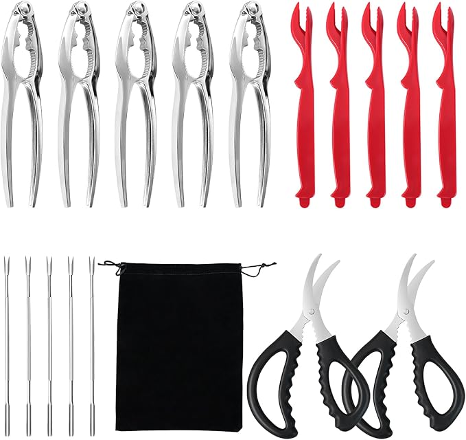 Crab Crackers and Tools,18-Pieces Seafood Tools Set Includes 5 Crab Crackers, 5 Lobster Shellers, 5 Crab Leg Forks/Picks and 2 Seafood Scissors & Storage Bag - Nut Cracker Set