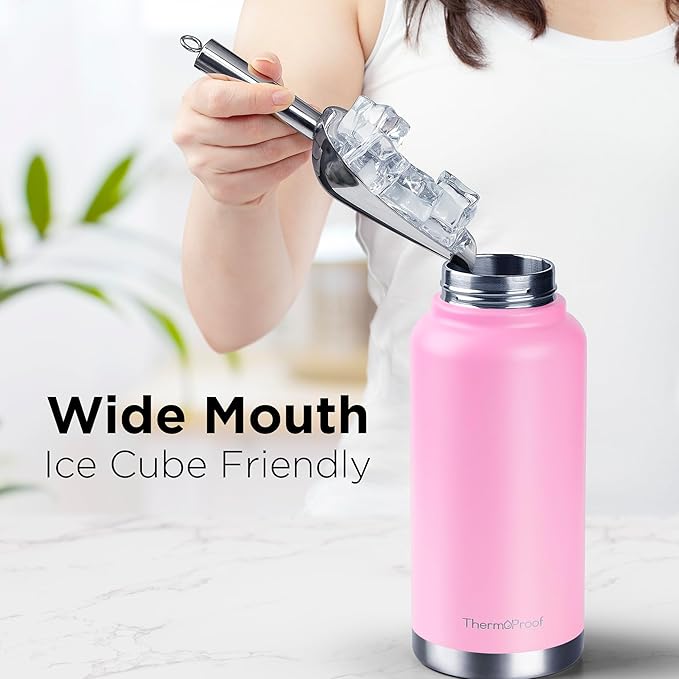 ThermoProof Double Walled Vacuum Insulated Stainless Steel Water Bottle - 32oz, Straw Lid & Spout Lid - Leak Proof - Gym, Hiking Bottles for Men, Women & Kids - Hot & Cold (Pink 32oz)
