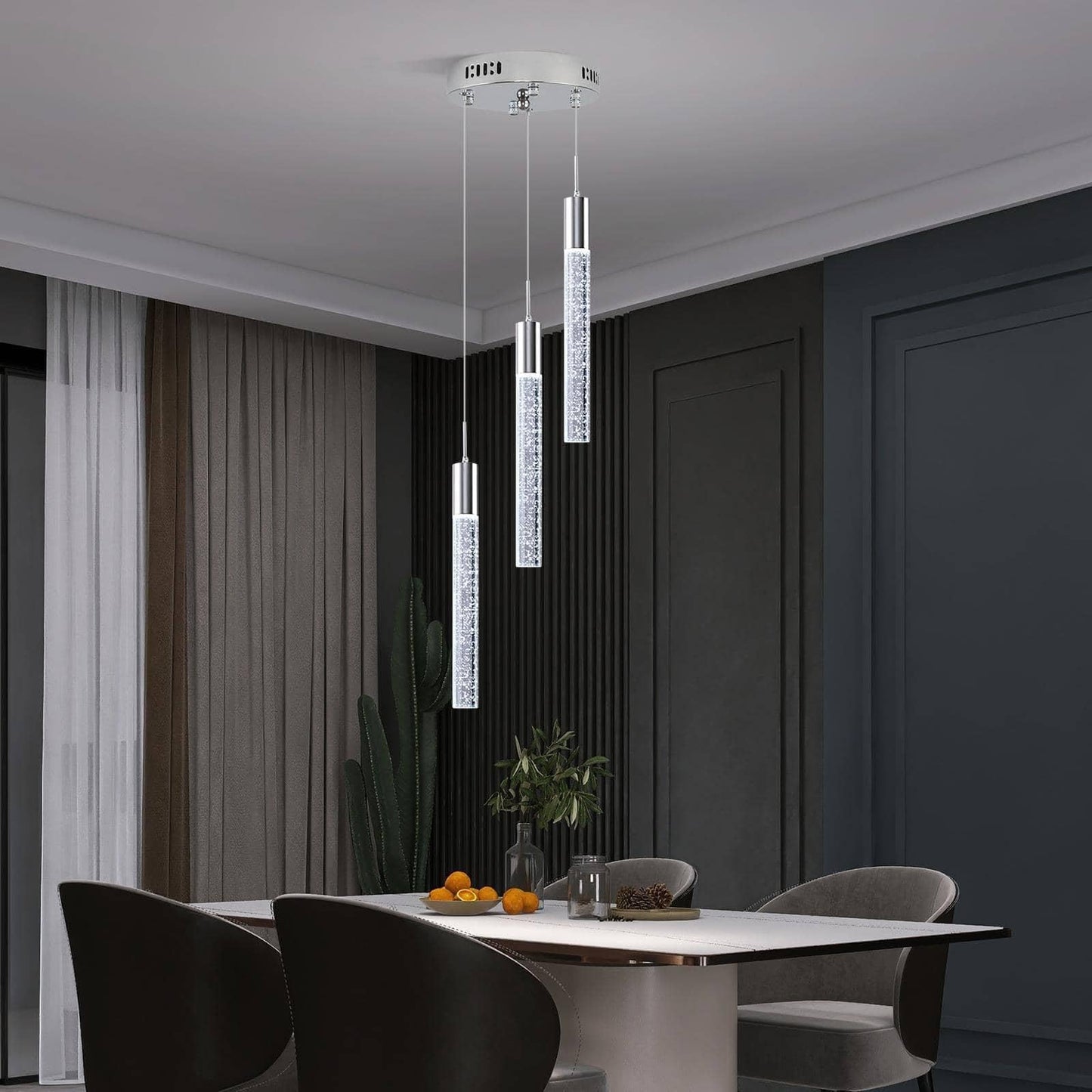 Upfelw Modern Crystal Chandelier, 3-Light LED Pendant Light, Remote Control, Chrome, Model UCC-S07-1212