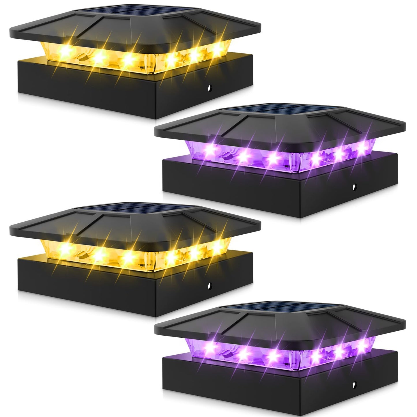 Peasur 4X4 Solar Post Lights Outdoor  4 Packs Purple & Warm White Led Fence Caps Light Waterproof  Wood & Vinyl Post Top Lighting For Deck Mailbox Railing Porch Outside