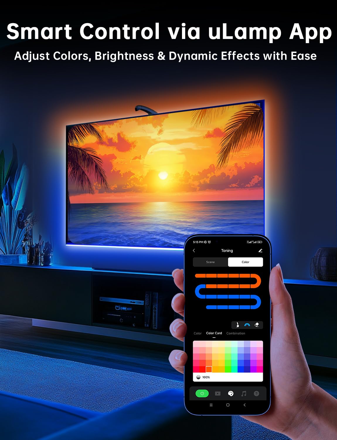 FFJ TV Lights That Change with TV, 21.3ft Cuttable TV LED Backlight for 90-100 Inch Screen and PC Monitor, TV Backlight with Sensor, Smart App Control, Game & Music Sync Color Changing Light