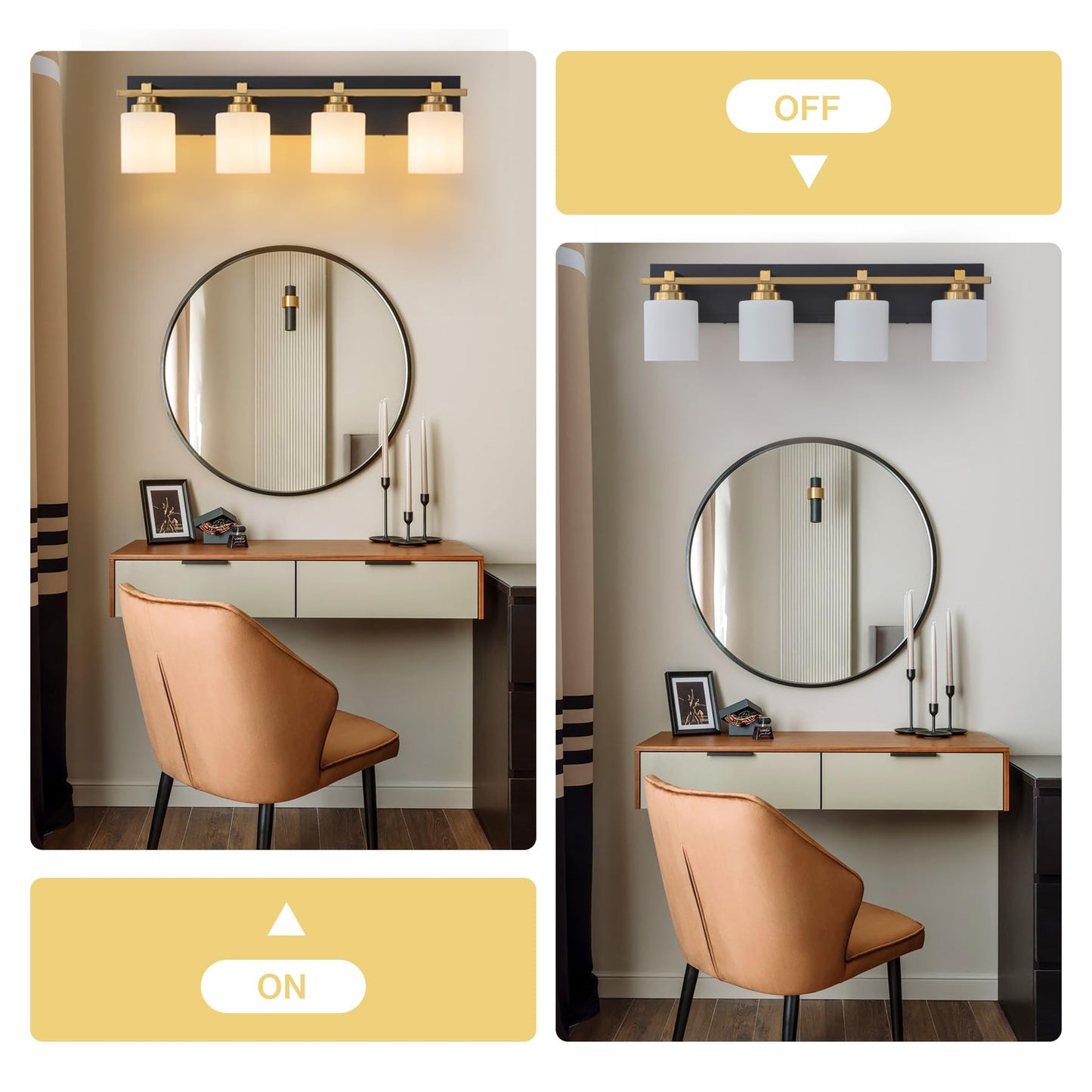 Brknit 4-Light Modern Bathroom Vanity Light Fixture, Black Gold With Milky White Glass Shades, E26 Socket, Model J0057-6-4T
