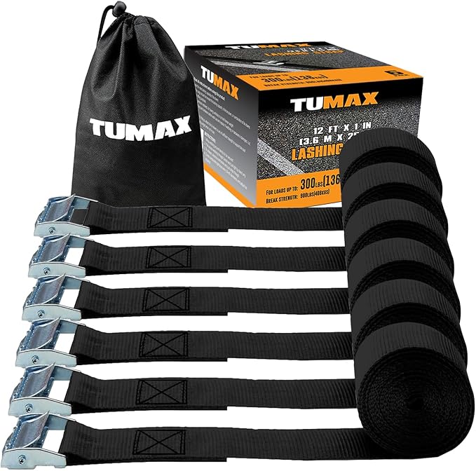 Tumax 6-Pack 1" x 12FT Cam Buckle Tie Down Straps, 900lbs Capacity Lashing Straps for Securing Cargo, Kayak, Canoe, Motorc...