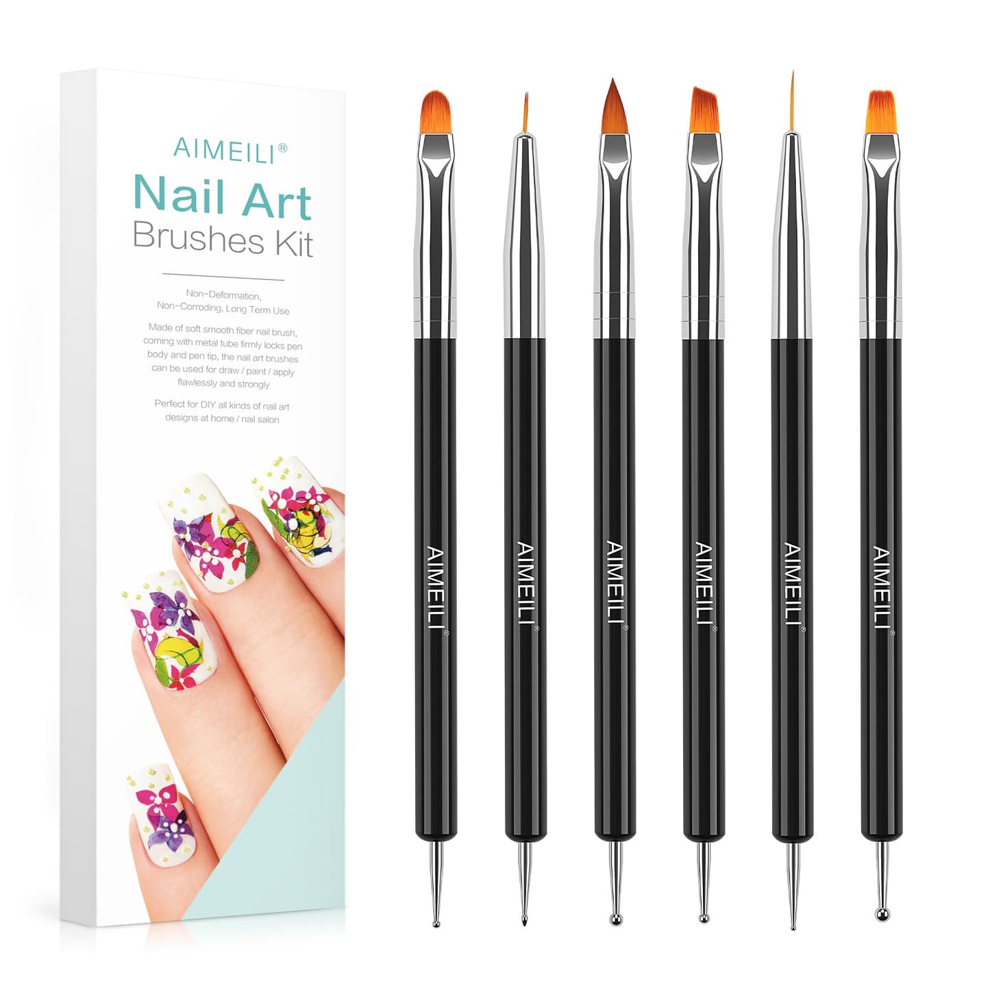 AIMEILI Nail Dotting Tools for Gel Nail Polish Nail Art, 6PCS Double-ended Liner Brushes Design Pen French Nail Brush DIY Manicu